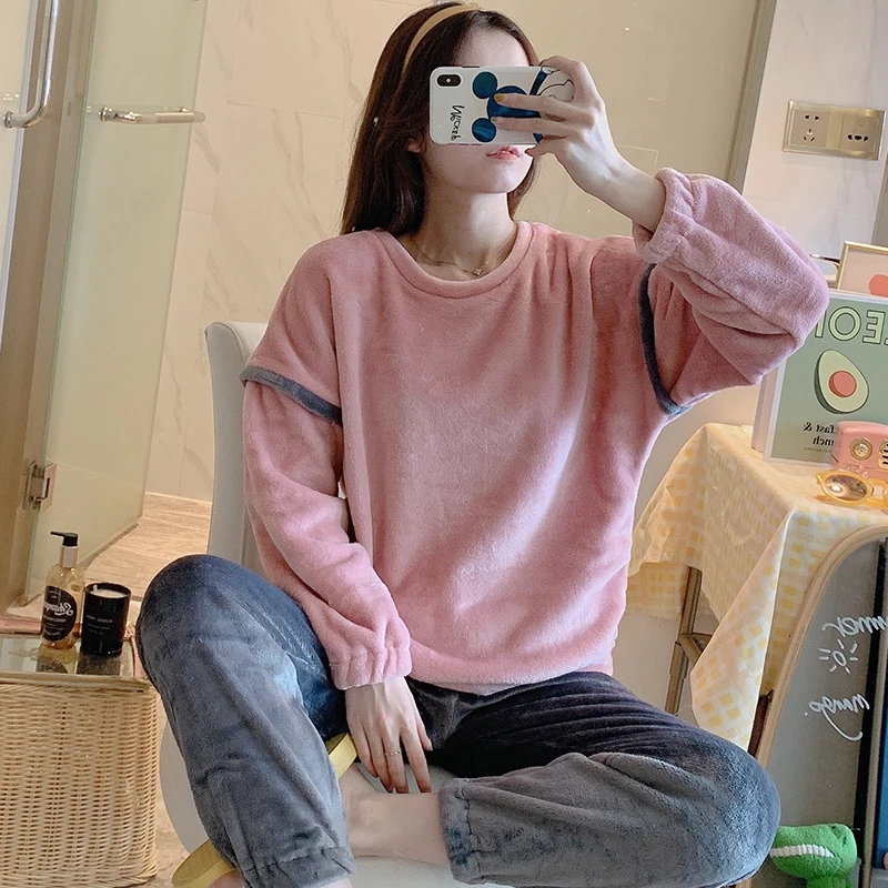 Warm Soft Thick Pajamas Set Women 2021 Autumn Winter Flannel Pyjamas Set Coral Velvet Long Sleeve Cartoon Sleepwear Homewear Set