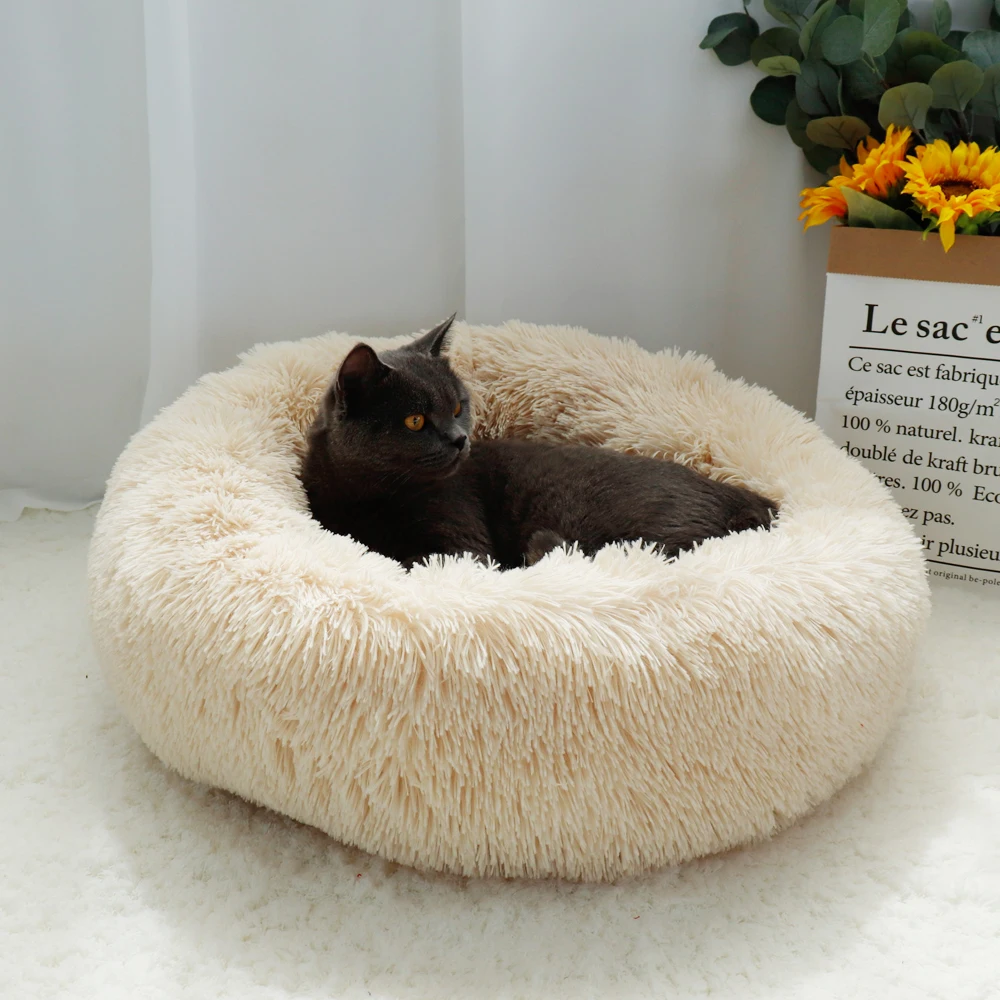 Fluffy Calming Dog Bed Long Plush Donut Pet Bed Hondenmand Round Orthopedic Lounger Sleeping Bag Kennel Cat Puppy Sofa Bed House