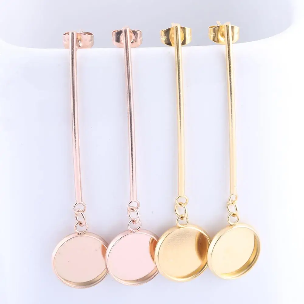 10pcs Long Bar Dangle Earring Base Fit 12mm Cabochon Setting Blanks stainless steel bezels For Jewelry Making Accessories