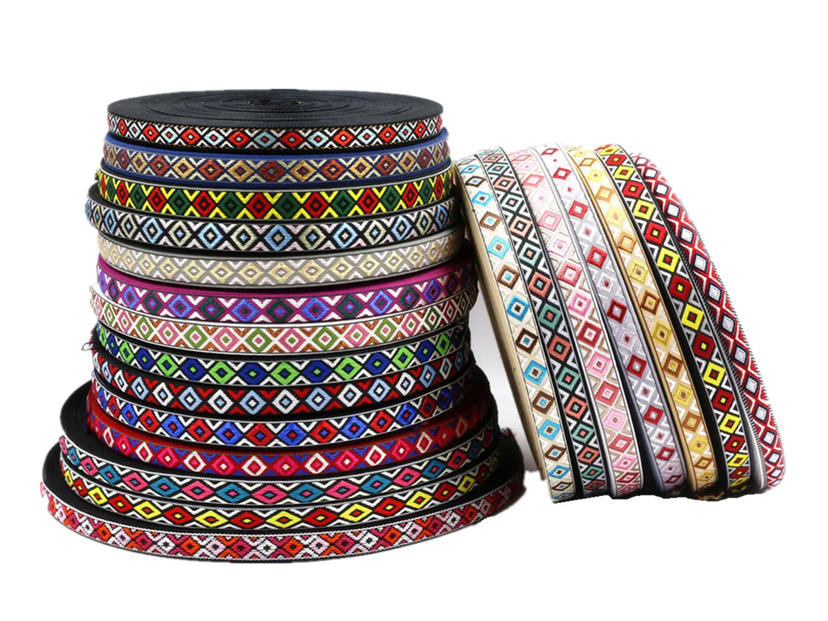 10-15MM 5 Yards Shinning Color Geometric Rhombus Woven Jacquard Ribbon Lace Trim Decoration For Pet Collars Clothing