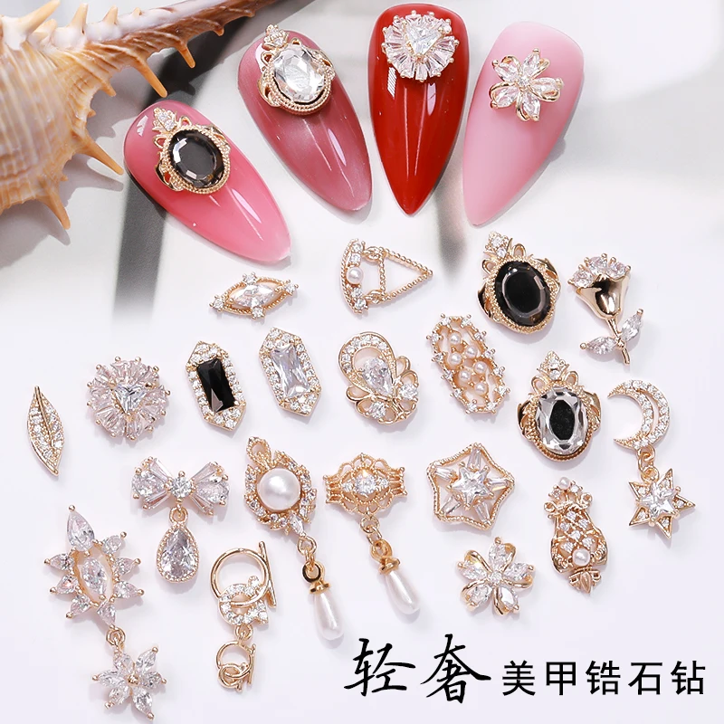 latest 5pcs Top-level nail art zircon decorations rose/leaf/bow /pendant design zircon fingernail jewelry metal nail art charms