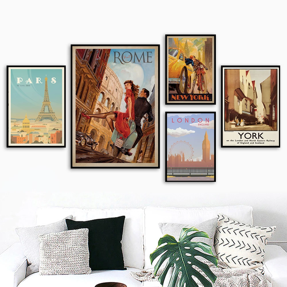 لوحة فنية جدارية رومانسية من قماش الكابينة الصفراء - ملصقات سياحة إعلانية عتيقة مطبوعة من روما نيويورك باريس لندن - صورة ديكور #2