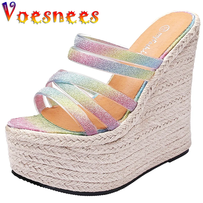 Straw Hemp Rope Bottom Sandals Korean Style Bling Rainbow Platform Slides Walk Show Wedges Women Shoes Sweet Wedding High Heels