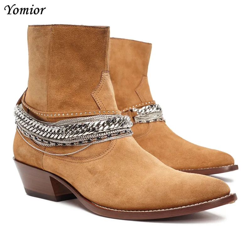 Yomior Spring Handmade Cow Leather Vintage Men shoes Fashion Brand Chain Tassel Ankle Boots High Quality Chelsea Boot Big Size