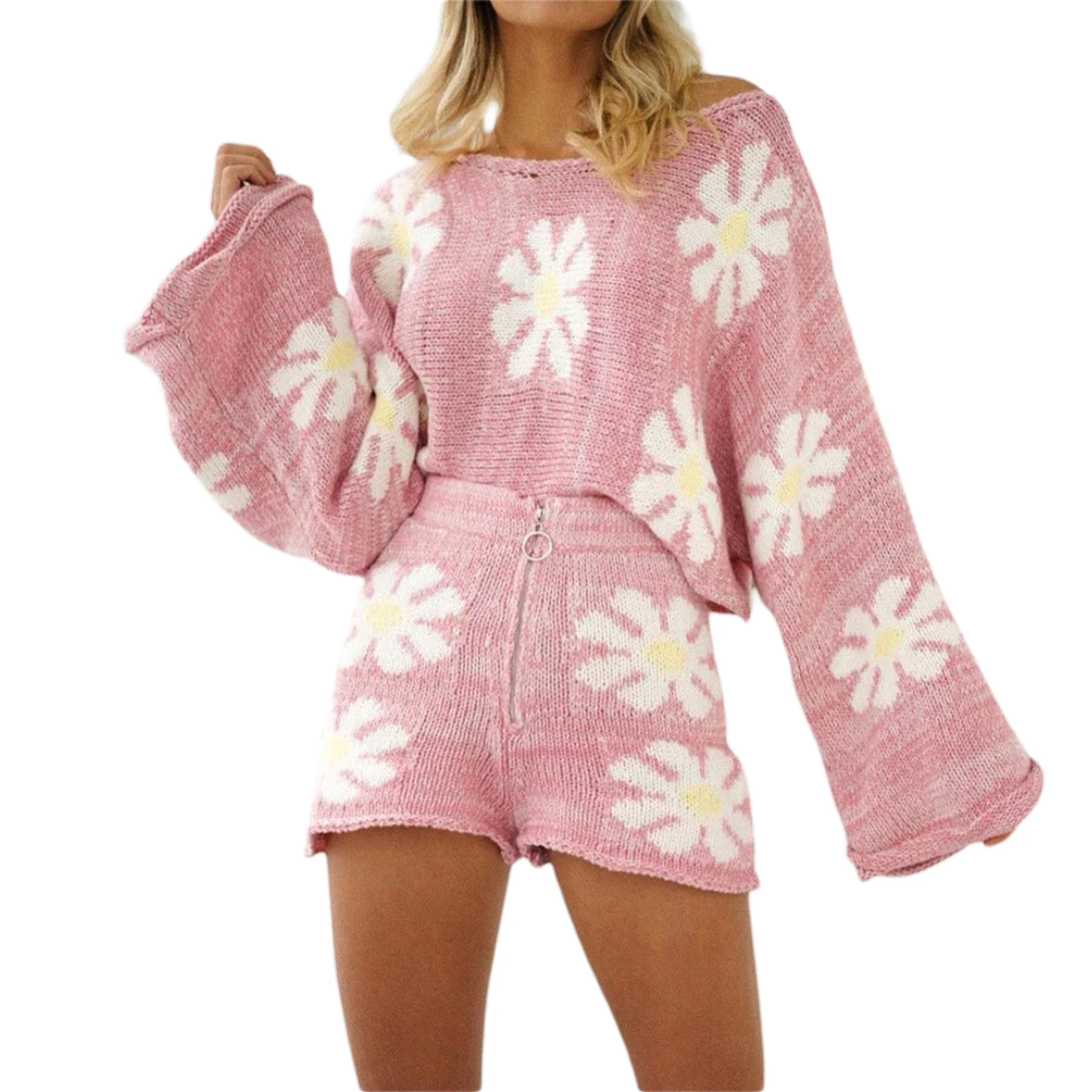 Women’s 2 Piece Fall Outfits, Long Sleeve Off Shoulder Floral Knit Tops + Zip Up Shorts Set