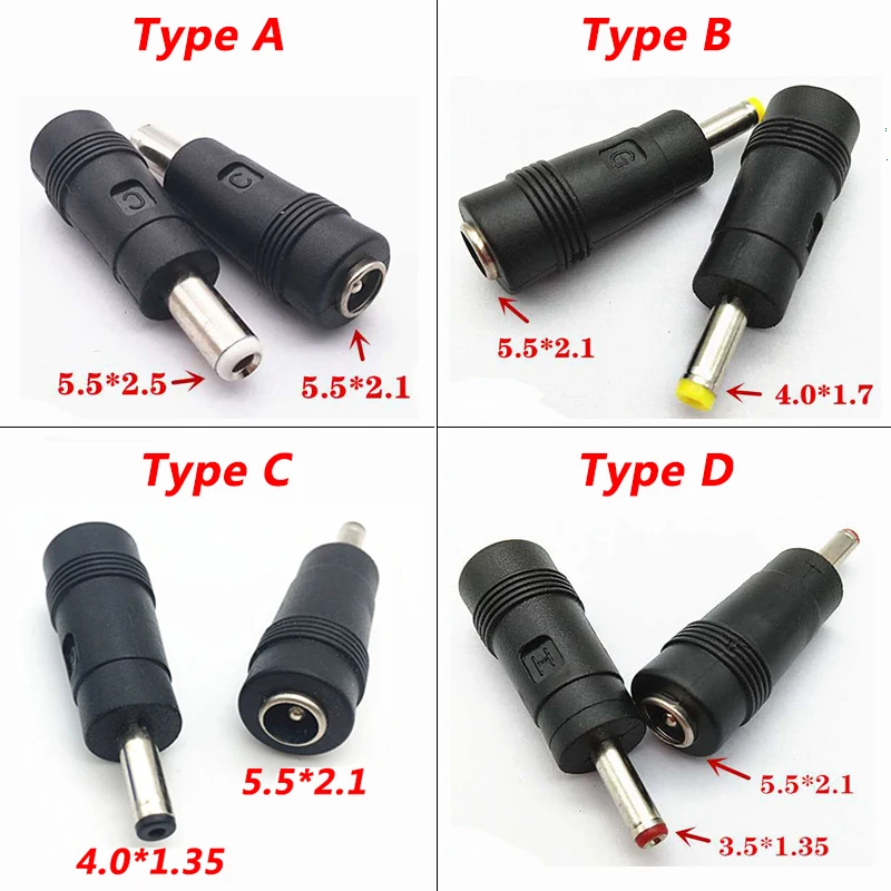 1/4 sztuk DC 5.5x2.1 MM żeńskie gniazdo przejściówka adapter złącza do 5.5x2.5, 4.0x1.7, 4.0 × 1.35, 3.5 × 1.35 MM męski wskazówek zasilacz.