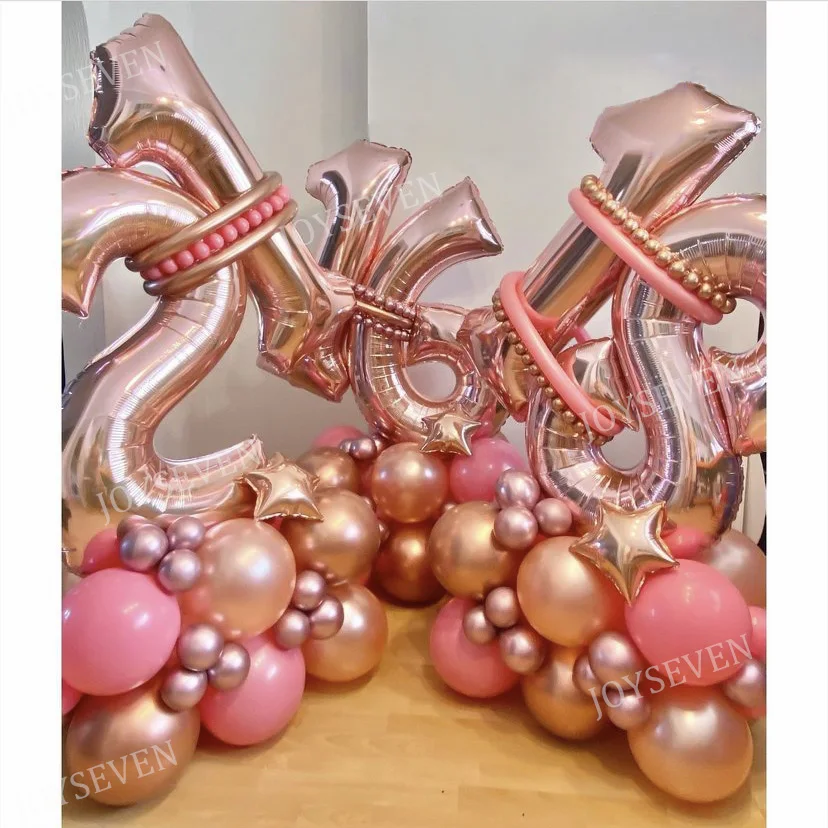 32Pcs Adult Birthday Decor Metallic Latex Balloons Rose Gold Number Foil Globos 18 21 30 40 50 60 Year Birthday Party Supplies