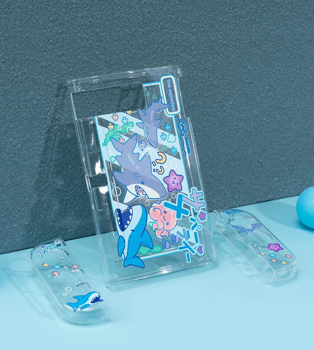 Cute Blue Sharks  Nintendo Switch Cover Case For Girls Kawaii Transparent Dockable TPU Protective Shell For Controller Joy-Con