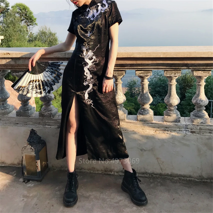 

Chinese Dress Qipao Emboridery Dragon Split Satin Cheongsam Long Robe Short Sleeve Traditional Chinese Clothing for Women Party