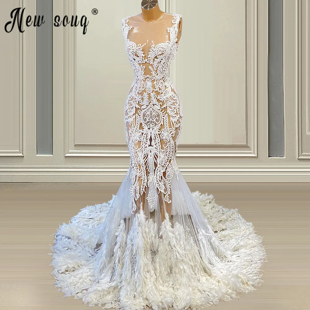 Sexy Luxury Illusion Backless koronkowe suknie ślubne syrenka z piórami 2021 elegancka suknia ślubna vestidos de noiva de fiesta