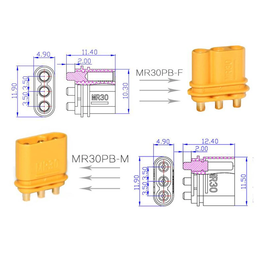 Amass – connecteur femelle/mâle en laiton plaqué or, prise pour PCB, 3 cœurs, version MR30-FB MR30-MB RC, batterie Lipo, MR30PB 30A-40A