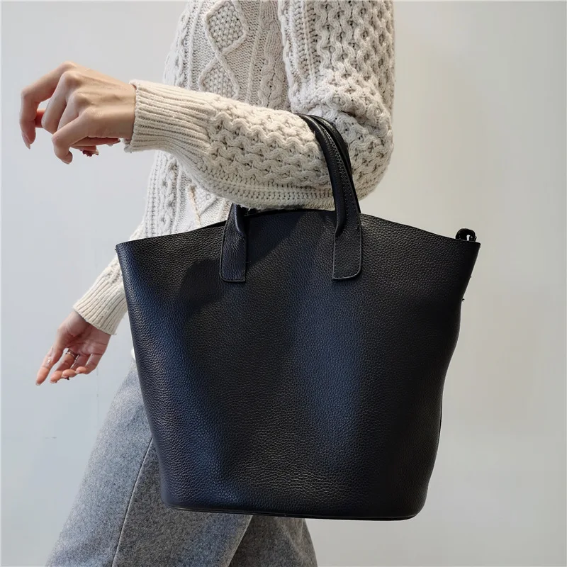 Woman Handbags Fashion Tote Bag 2021 Winter New Genuine Leather Bucket Style Lady Shoulder Bag Luxury Large Women Crossbody Bags