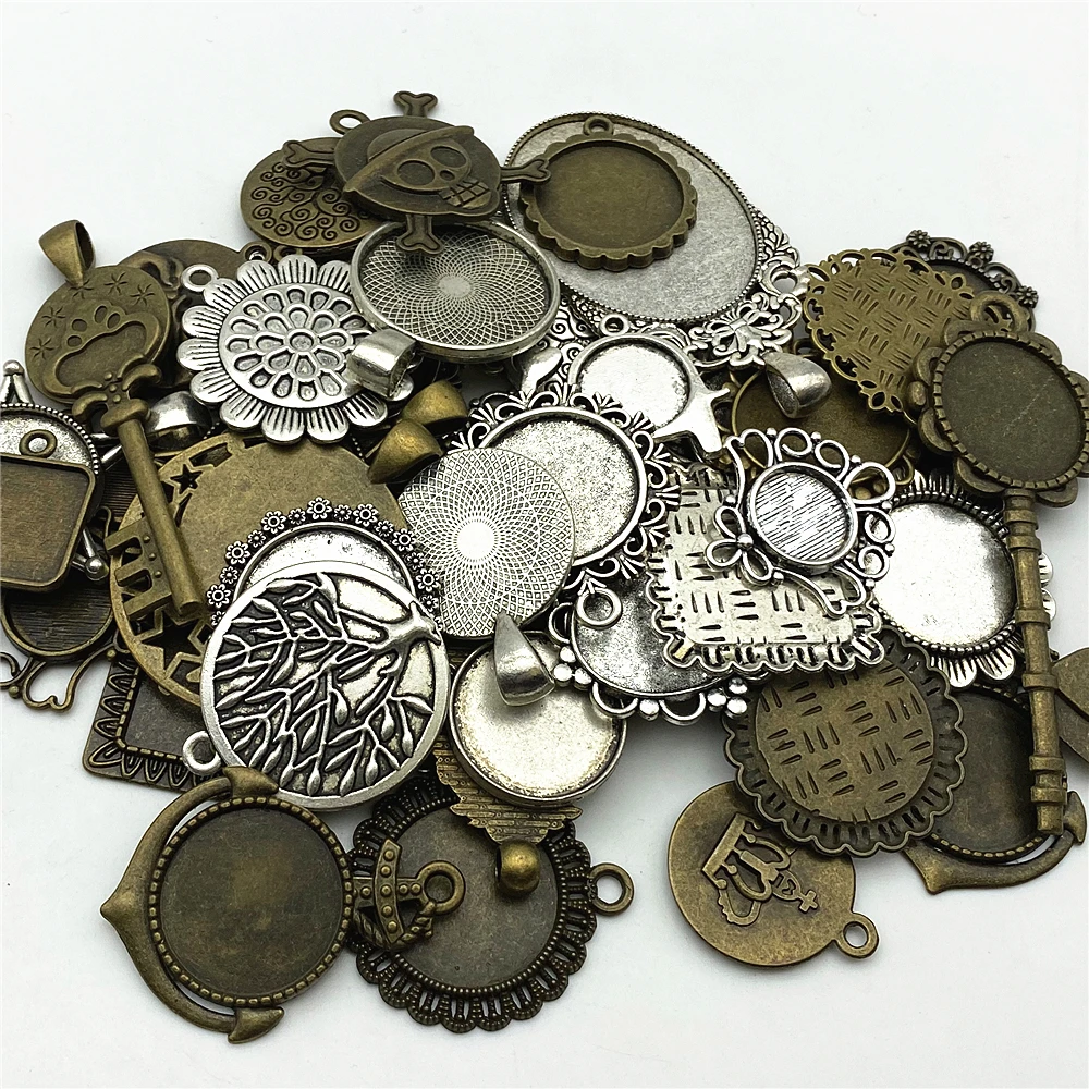 

30Grams Blank Setting Base Tibetan Silver Bronze Mixed Designs Pierced Cabochon Base Setting Charms Pendant Jewelry Making