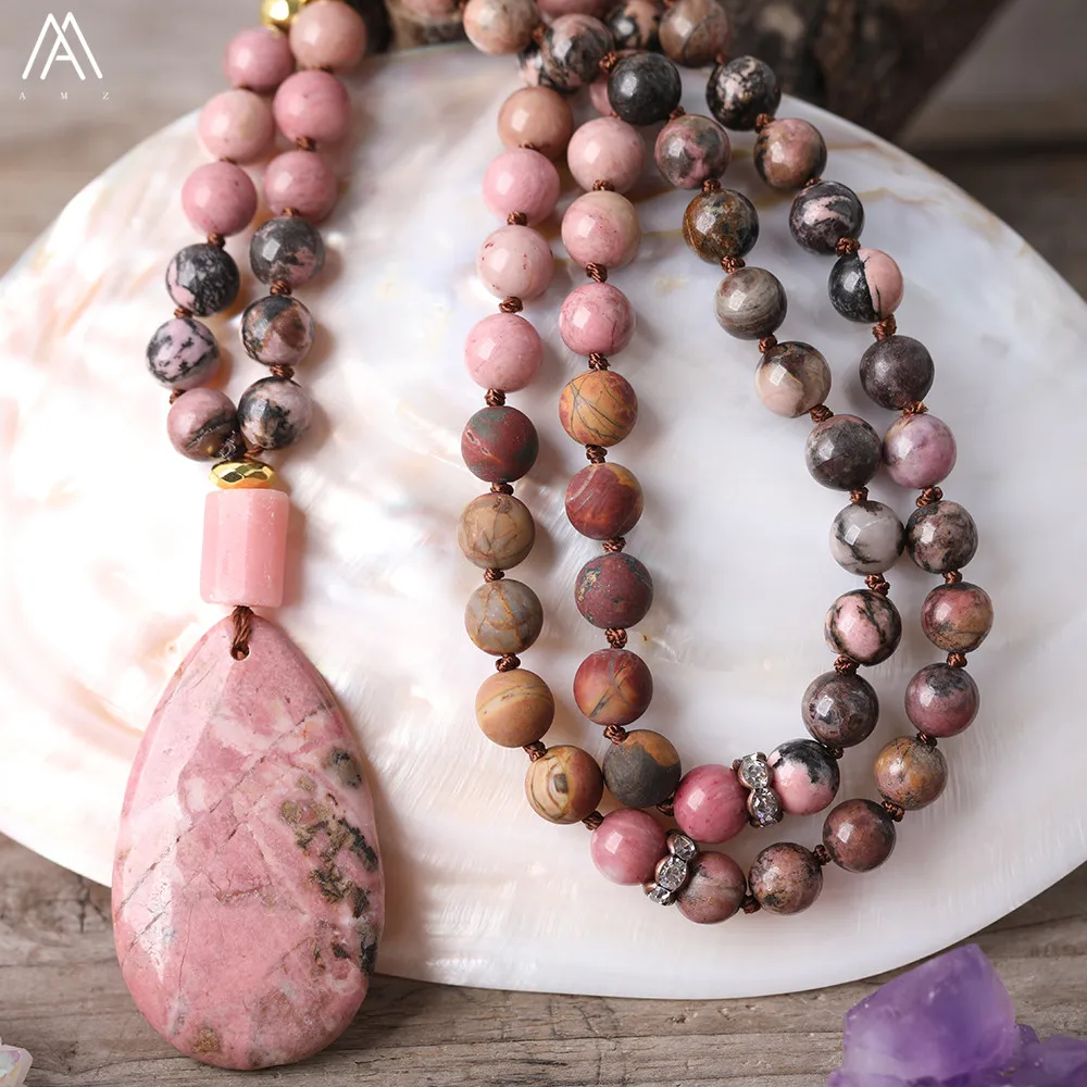

Natural Rhodonite Water Drop Pink Opal Nugget Pendant 8mm Picasso Jaspers 108 Prayer Beads Knot Handmade Necklace Mala Jewelry