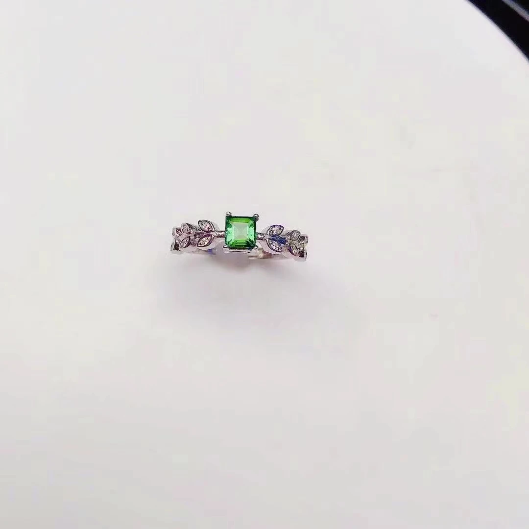 

Elegant Silver Leaf Ring with Gemstone 4mm Natural Diopside Silver Ring for Young Girl 925 Silver Diopside Jewelry Gift for Girl