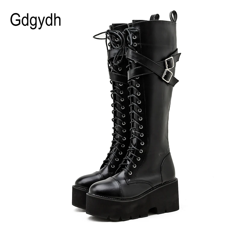 Gdgydh Fashion Women Boots Cross Strap PU Leather Autumn Winter Knee High Boots Ladies Thick Sole Platform Shoes Punk Gothic