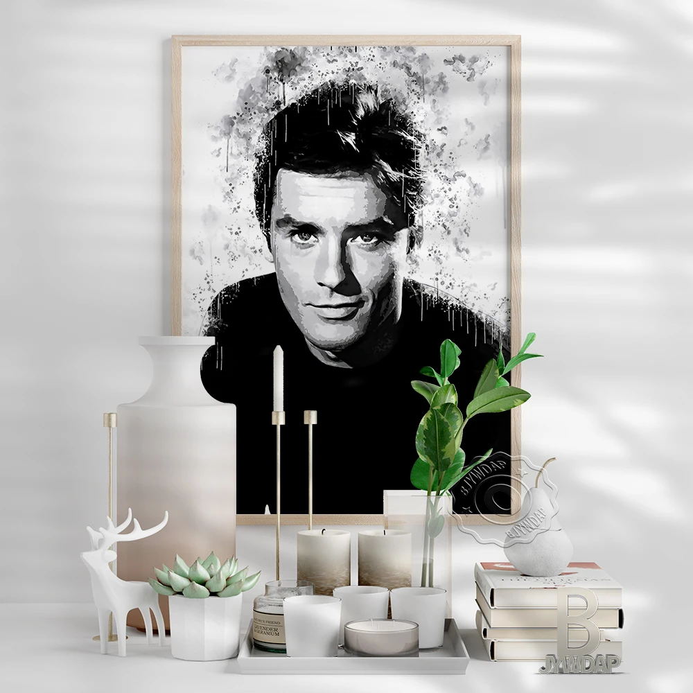 Alain Delon Watercolour Prints Poster, France Actor Black White Handsome Man Art Prints, Vintage Diablo Style Home Wall Decor