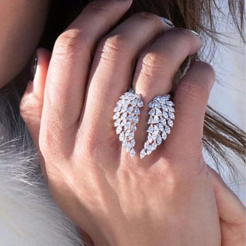 Huitan Aesthetic Angel Wing Opening Rings with Full Cubic Zirconia Women's Fashion Accessories Fancy Girls Jewelry Drop Shipping