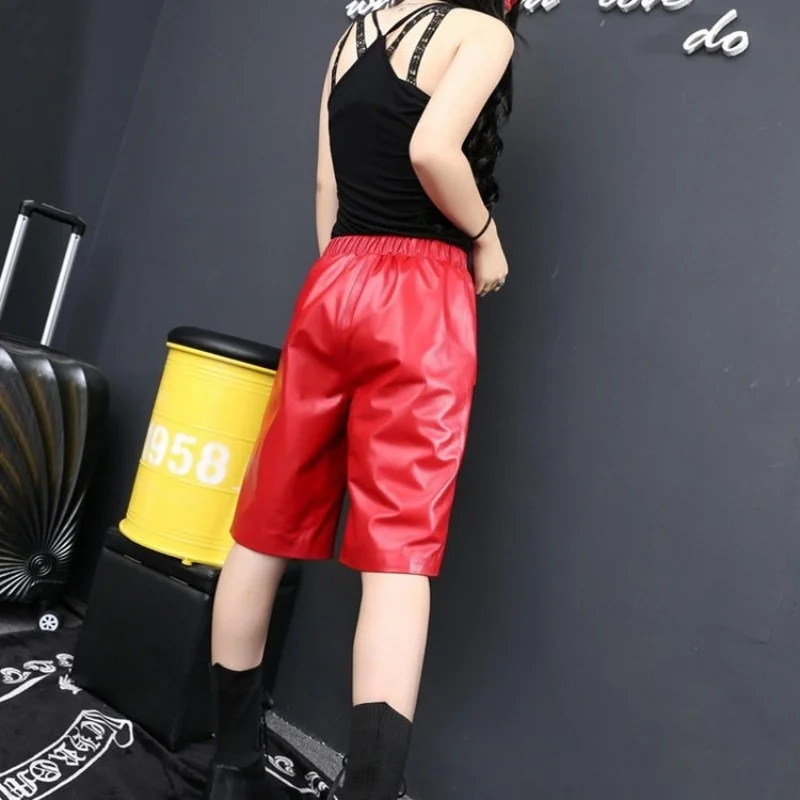 

Quality Top Women Sheepskin Genuine Leather Short Harem Pants Boyfriend Casual Hip Hop Streetwear Elastic Waist Loose Fit Shorts