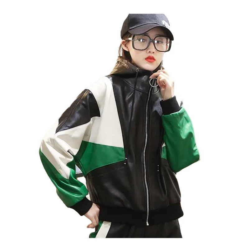 Women's Collision Color Tide Coat, Hooded Jacket, Loose Leisure Sheepskin Coat, Fashionable Tops, Spring and Autumn