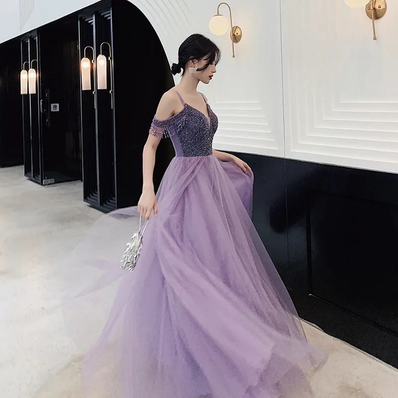 JaneVini – robe de bal longue violette, charmante, col en V, sans manches, perles, Tulle, longueur au sol, ligne A, robes de fête pour femmes, 2020