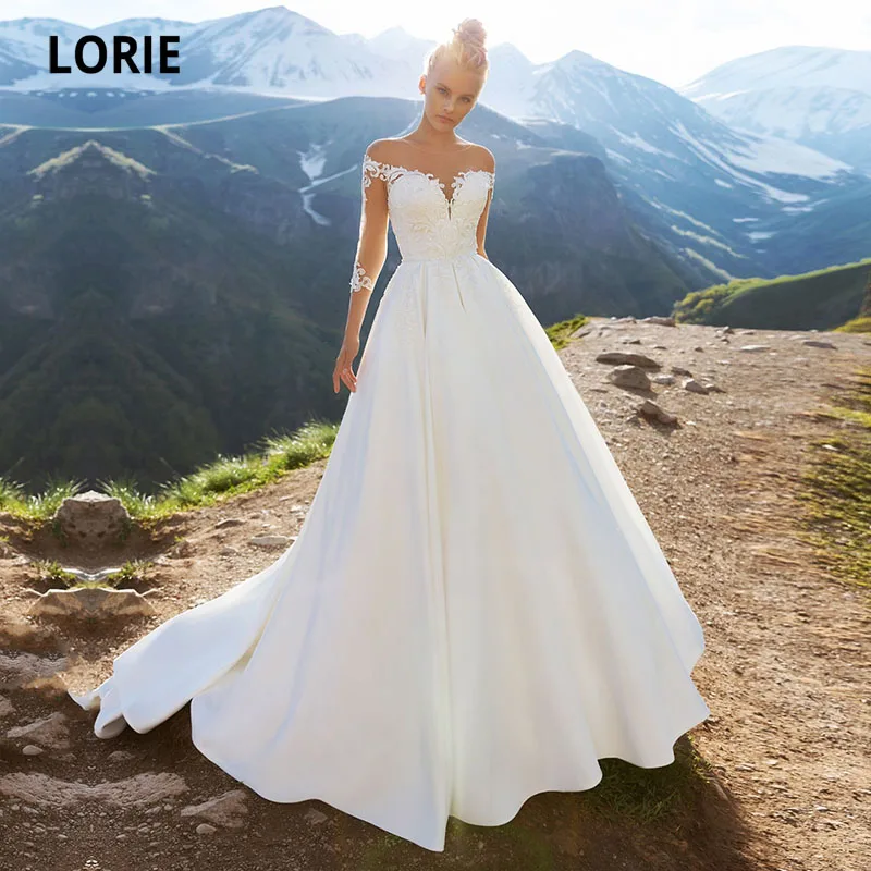 

LORIE Vintage Wedding Dresses Scoop Appliques Lace Long Sleeves Wedding White Bridal Gown vestido de novia largo para boda civil