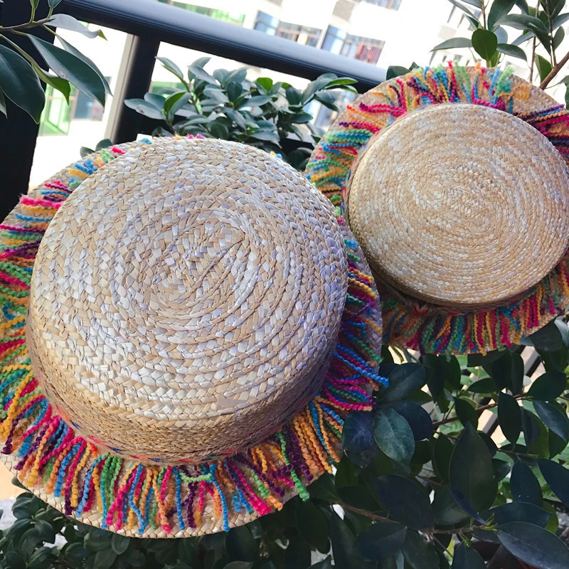 2018 Summer Parent-child sun hat Visor Tassel Beach Straw Hat Rainbow Children Outdoor Sun Caps Women Boho Ethnic Handmade Cap