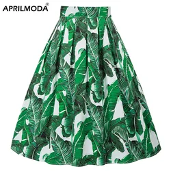 High Waist Leaf Green Retro Floral Print Vintage Pleated Skirt Womens 50s 60s 40s High Waist Midi Cotton Summer Swing Skirt 2023