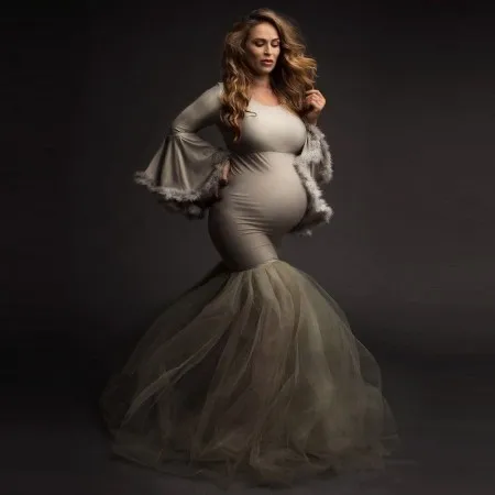 

Elegant Mermaid Pregnancy Dresses For Photo Shoot Ruffles Sheer Feathers Custom Made Maternity Gowns Plus Size Puffy Sleeves