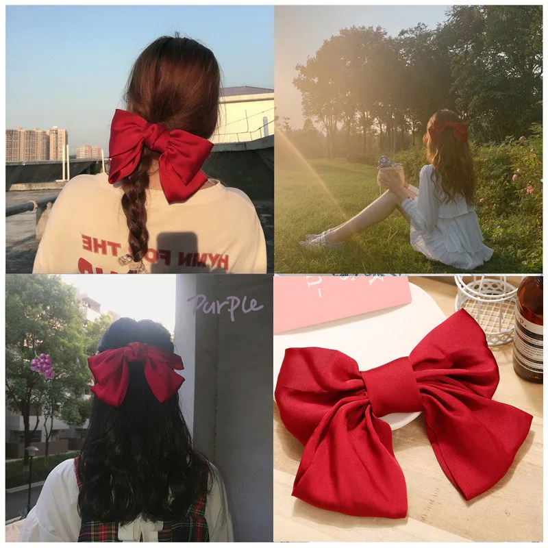 Girls New Oversized Bow Knot Hairgrips Linen Barrette Hair Clip Ponytail Women Elegant Headwear Hairpins Hair Red White Acessory