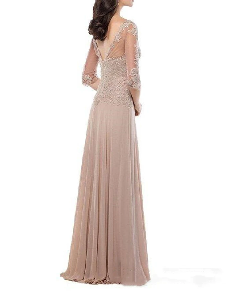 Cheap Elegant Chiffon Mother Of Bride Dresses Sheer Jewel Neck Lace Appliques Long Formal Evening Occasion Dresses Custom Made