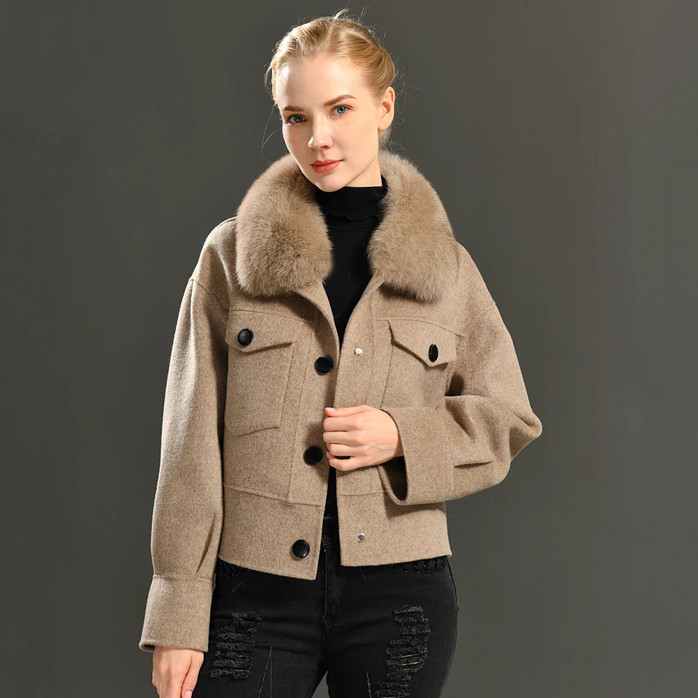 Jxwatcher Cashmere Wool Coat with Big Real Fur Collar Winter Jacket Pocket Full Sleeves Women Cropped Wool Outerwear Streetwear