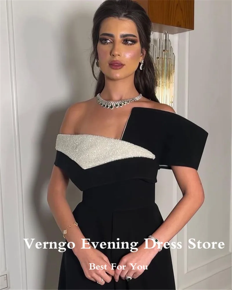 Verngo Classic Black A Line abito da sera con spalle scoperte collo bianco lunghezza del tè abiti da ballo per feste formali da donna araba saudita