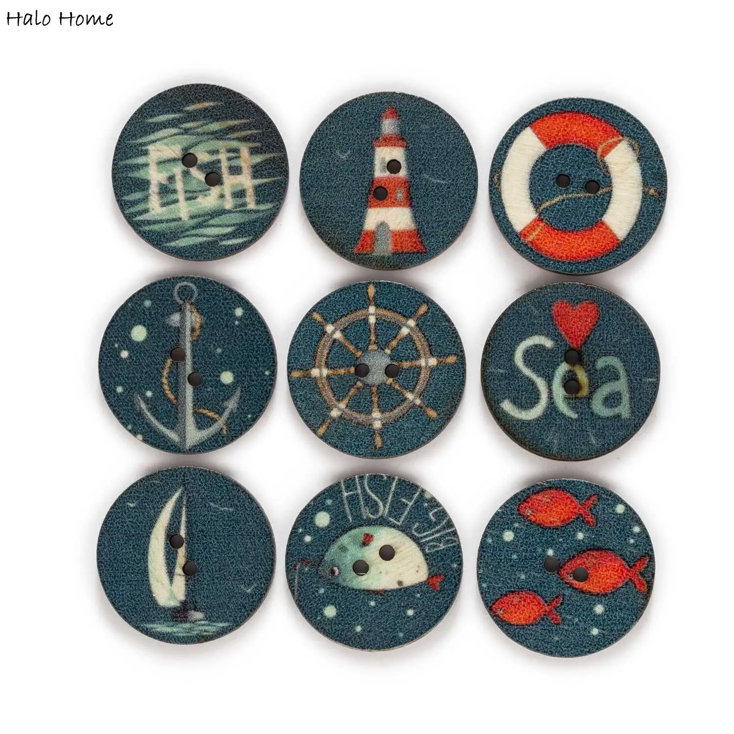 50pcs Round Ocean Theme Print Mixed Wooden Button Handwork Sewing Scrapbooking Clothing Crafts Accessories Gift Card 15-25mm