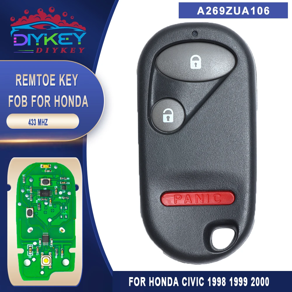 

Ключ DIYKEY FCCID: A269ZUA106 433 МГц, 2 + 1 кнопка, бесключевой доступ, дистанционный ключ для 1998 1999 Honda Civic