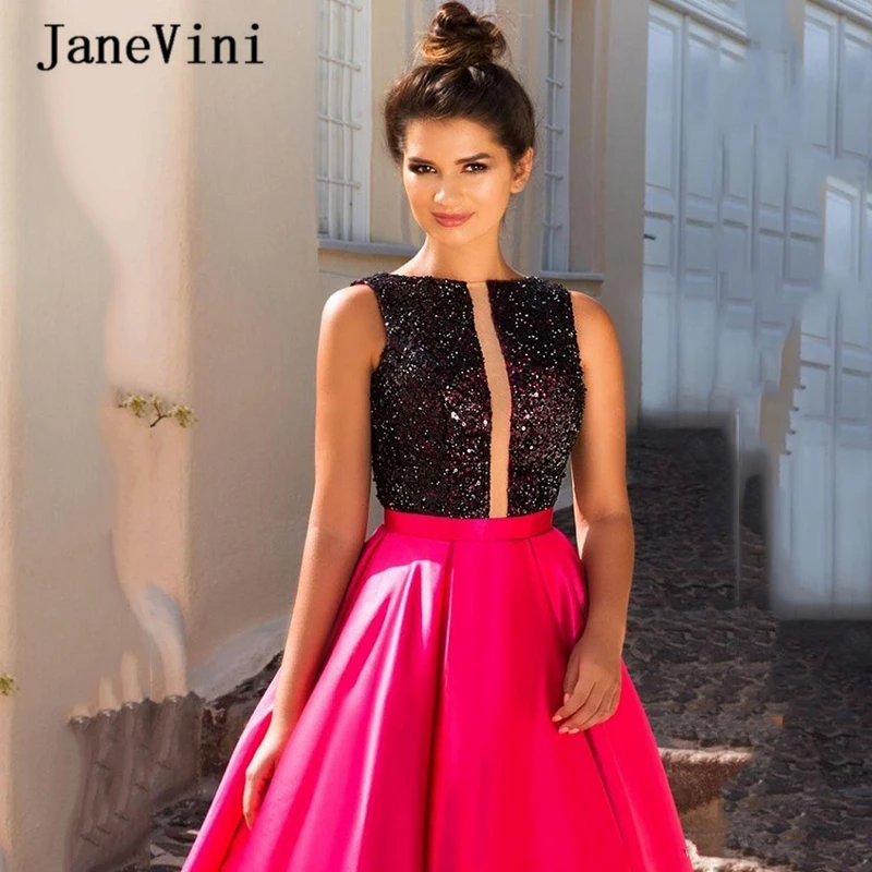 JaneVini-Vestido largo de satén sin mangas para mujer, traje Formal con lentejuelas, corte en A, cuello redondo, espalda transparente, longitud hasta el suelo, color fucsia, 2020