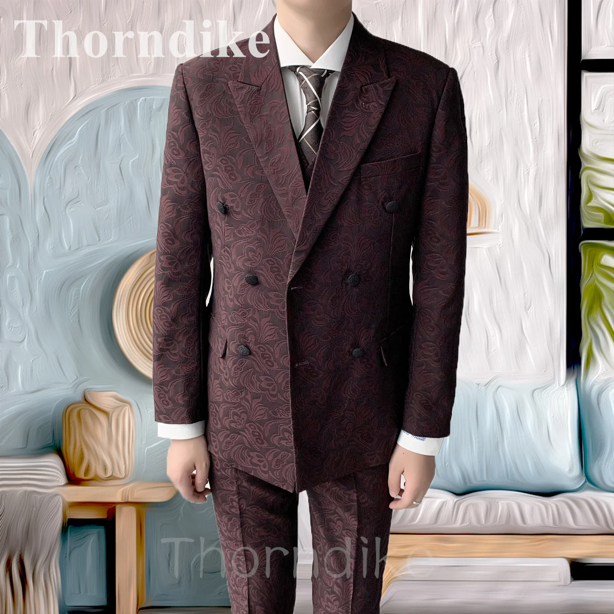 Thorndike  2022 New Style Handsome Wine Red Suit Jacquard Satin Custom Men's Groom Wedding Suit Jacket Party 2-piece Tuxedo