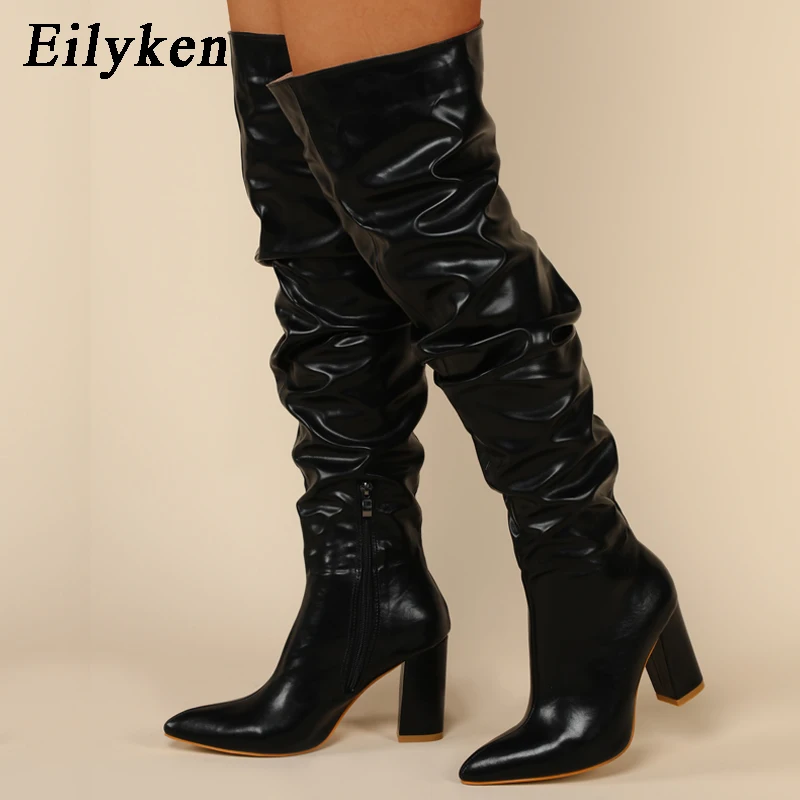 Eilyken Fashion White Pleated Women Over-the-Knee Boots Sexy Pointed Toe Square Heels Ladies Long Zipper Female Shoes