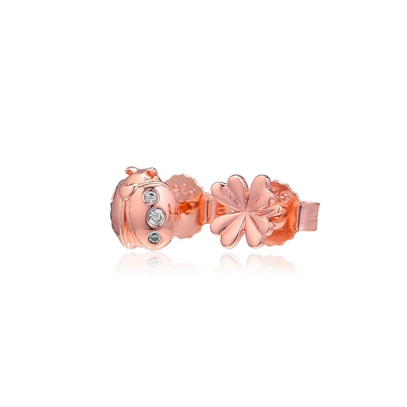 Klavertje Vier & Ladybird Rose Gouden Oorbellen Voor Vrouwen Verharde Zirkoonkristal Lente Stud Oorbellen Charm Sieraden 2019 Hot koop