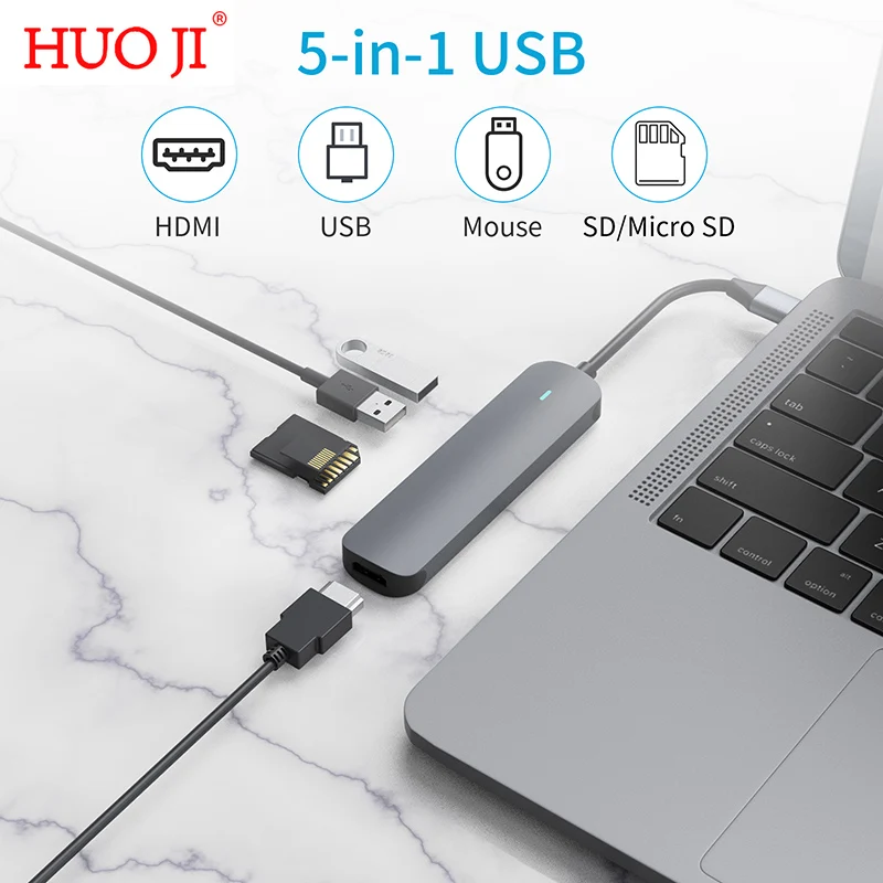 HUO JI USB C Hub 5 in 1 Typ C zu HDMI Adapter mit 4K HDMI Ausgang USB 3,0 SD/TF Kartenleser Kompatibel