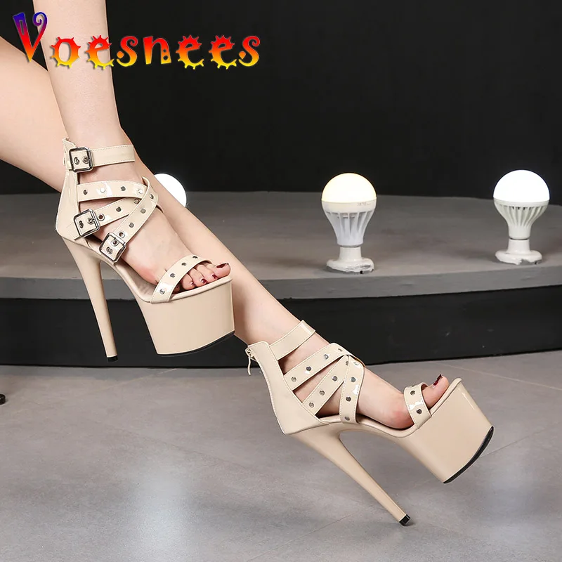 2021 Summer Solid Black Women Sandals Fashion Peep Toe One Word Band Cover Heel Female Shoes 16.5CM Rivet Ankle Strap High Heels