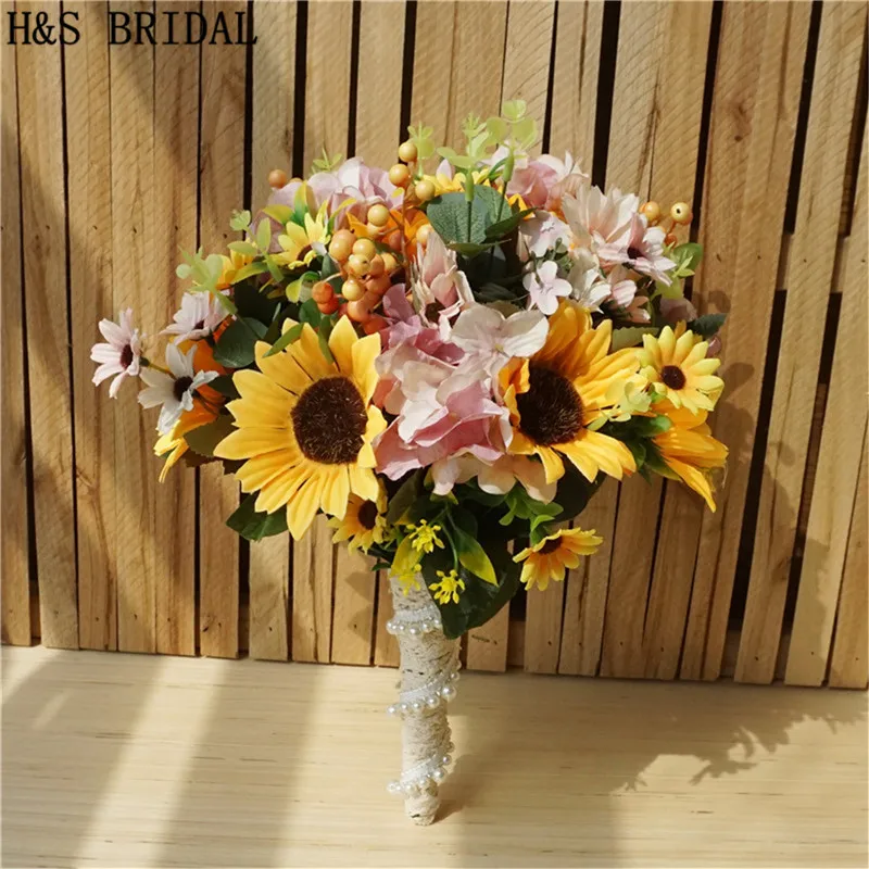 H&S BRIDAL Lace Handle Sunflower Wedding bouquet Sun Flower Bridal Bouquets Yellow Bridesmaid bouquets Artificial Wedding Flower