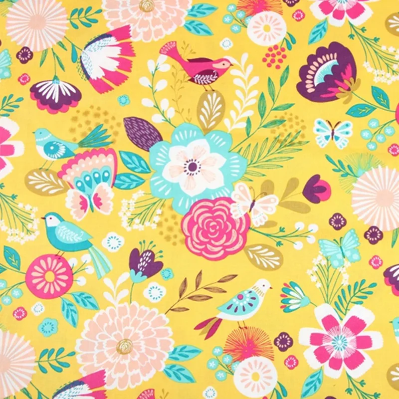 Half Meter 100% Cotton Plain Fabric Yellow Bottom With Flower Little Bird Print Handmade DIY Garment Dress Tissue CR-1017