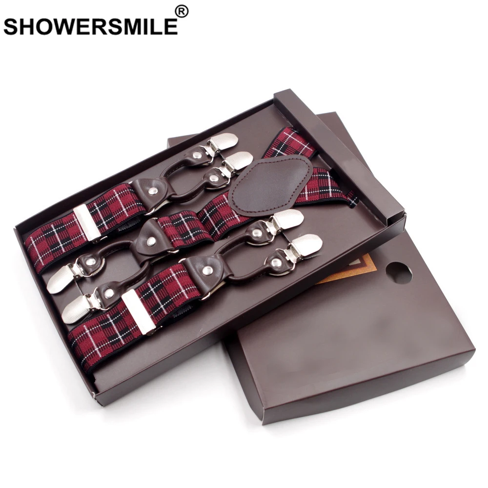 SHOWERSMILE Mens Trouser Braces British Red Plaid Suspenders 6 Clips Jacquard Business Formal Elastic Leather Male Pants Strap