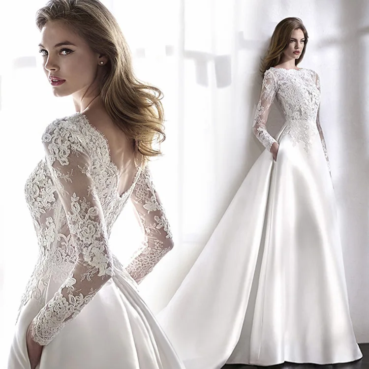 

Wedding Dresses 2020 Mrs Win Elegant Full Sleeve Court Train Vestido De Noiva A-line Princess Luxury Light Wedding Dress