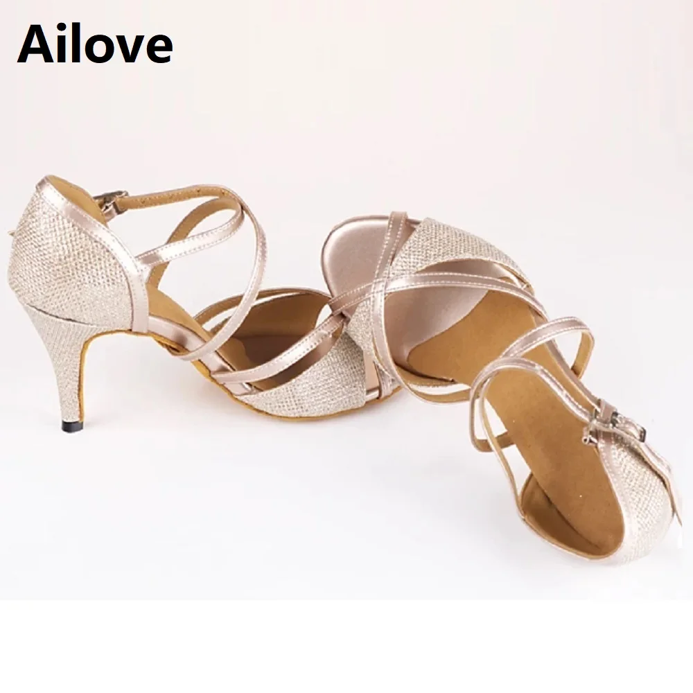 Zapatos de baile de salón con purpurina dorada para mujer, sandalias de baile con tacón múltiple de altura, para Salsa latina, Tango, Swing, Rumba,