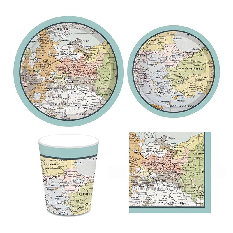 World Map Theme Disposable Tableware Travel Festival Paper Plate Straw Retirement Party Decoration Birthday Supplies