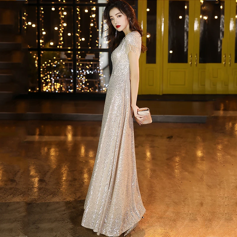 It\'s YiiYa Evening Dress V-Neck Short Sleeve Sequined A-Line Evening Dress 2020 Floor-Length Plus Size Robe De Soiree K154