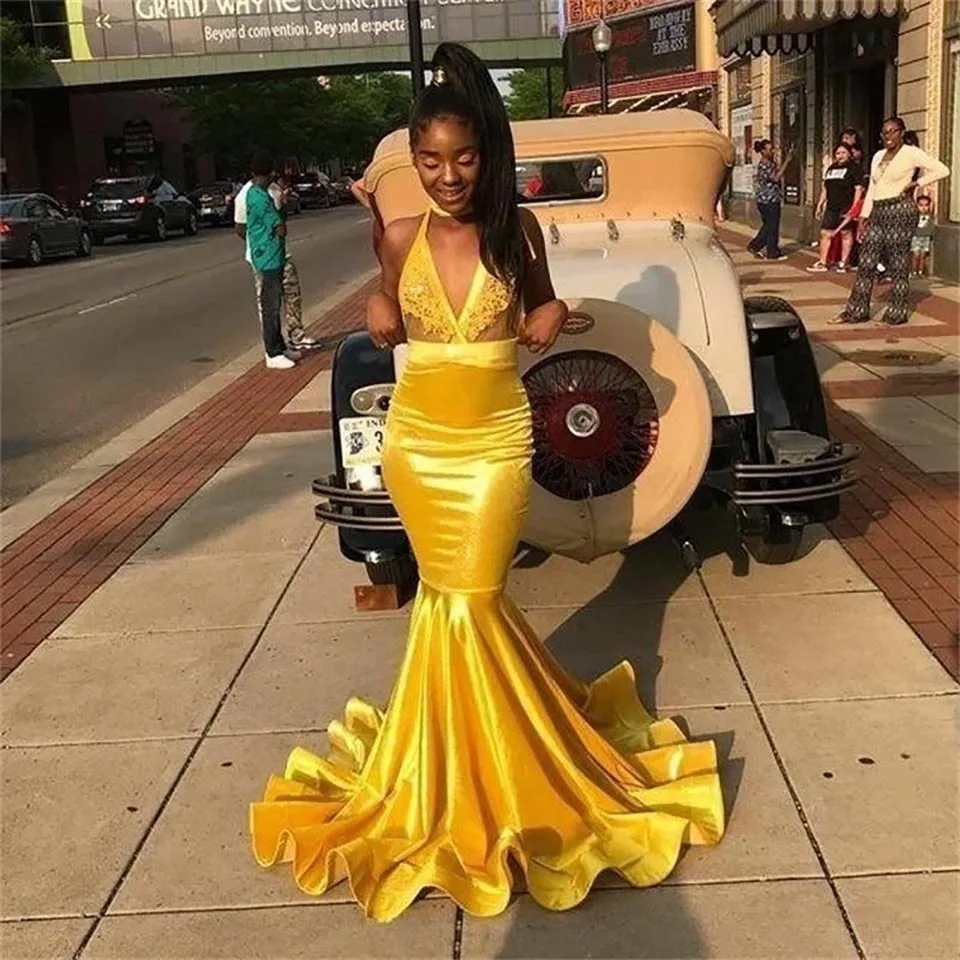 

Halter Formal Dresses NONE Train Prom Party Gown Applique Evening Dress Mermaid Trumpet V-Neck Sleeveless Floor-Length Satin New