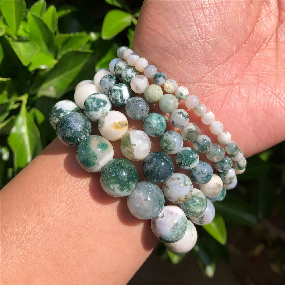 1 Pc Fengbaowu Natural Green Tree Agate Bracelet Round Bead Crystal Healing Stones For Women And Men Jewelry